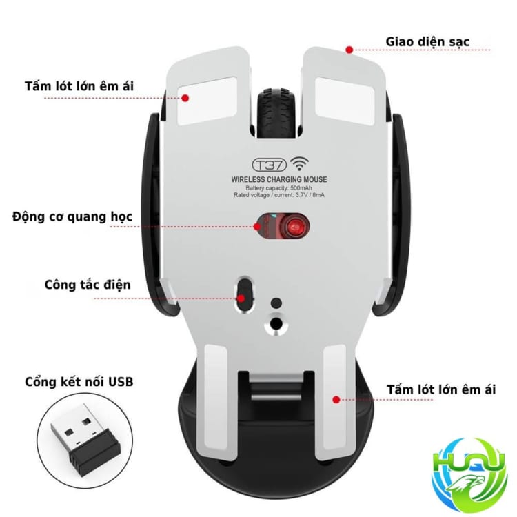 chuột không dây sạc điện độc đáo Huqu T37- Mặt sau chuột