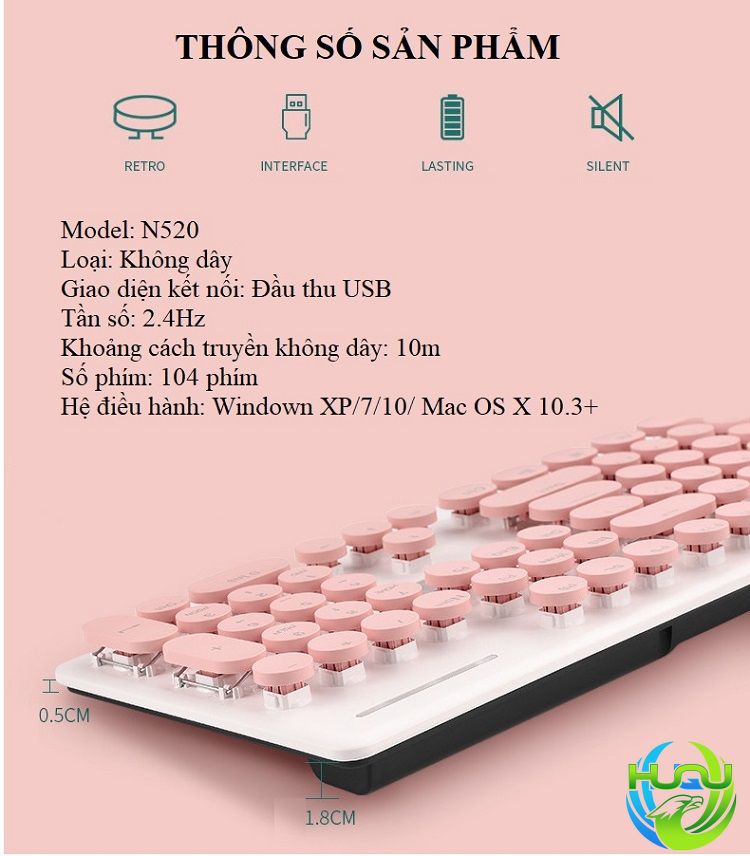 Combo bàn phím chuột không dây thời trang huqu N520- Thông số sản phẩm