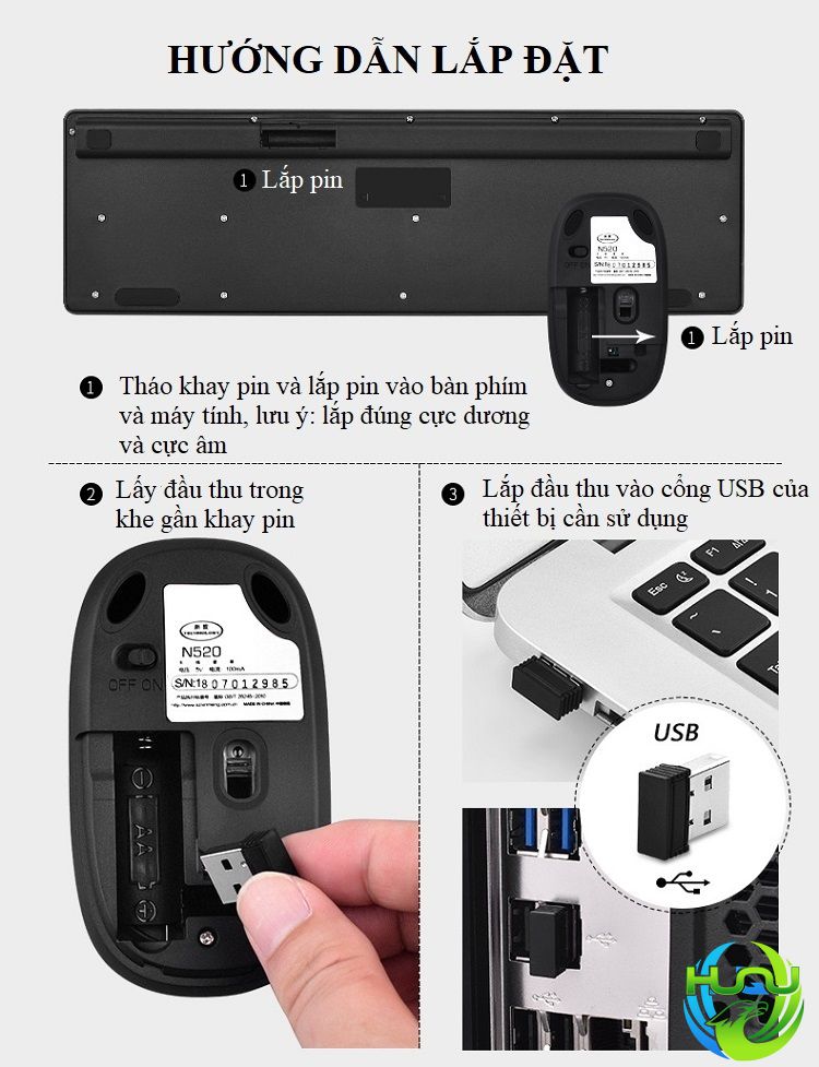 Combo bàn phím chuột không dây thời trang huqu N520- Hướng dẫn lắp đặt